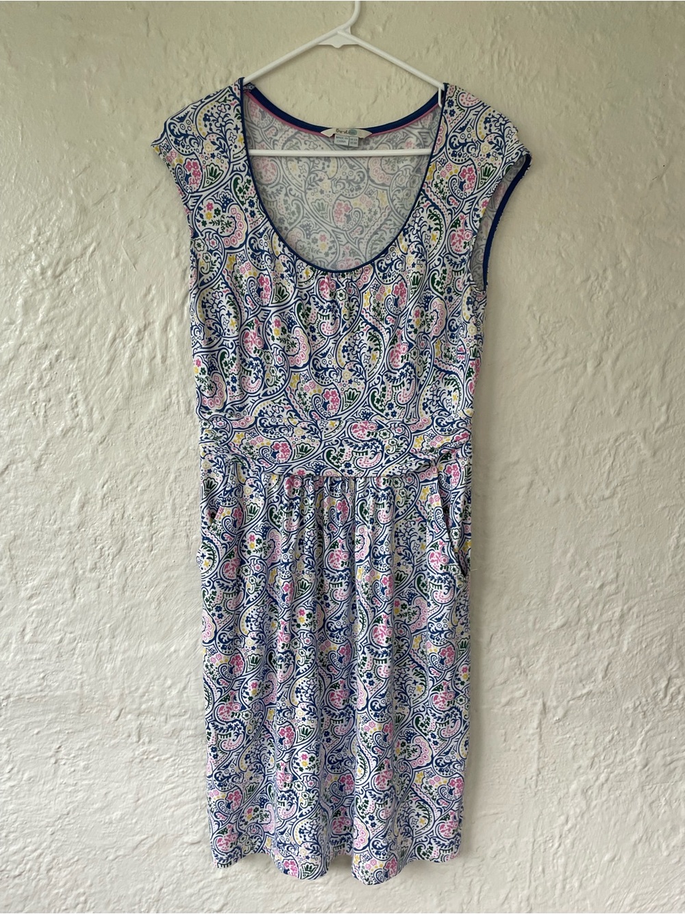 Boden Margot Paisley Floral Jersey Cap Sleeve Sheath Stretchy White Dress 8